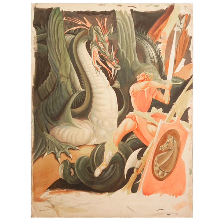 "Slaying the Dragon," Art Deco Watercolor Painting