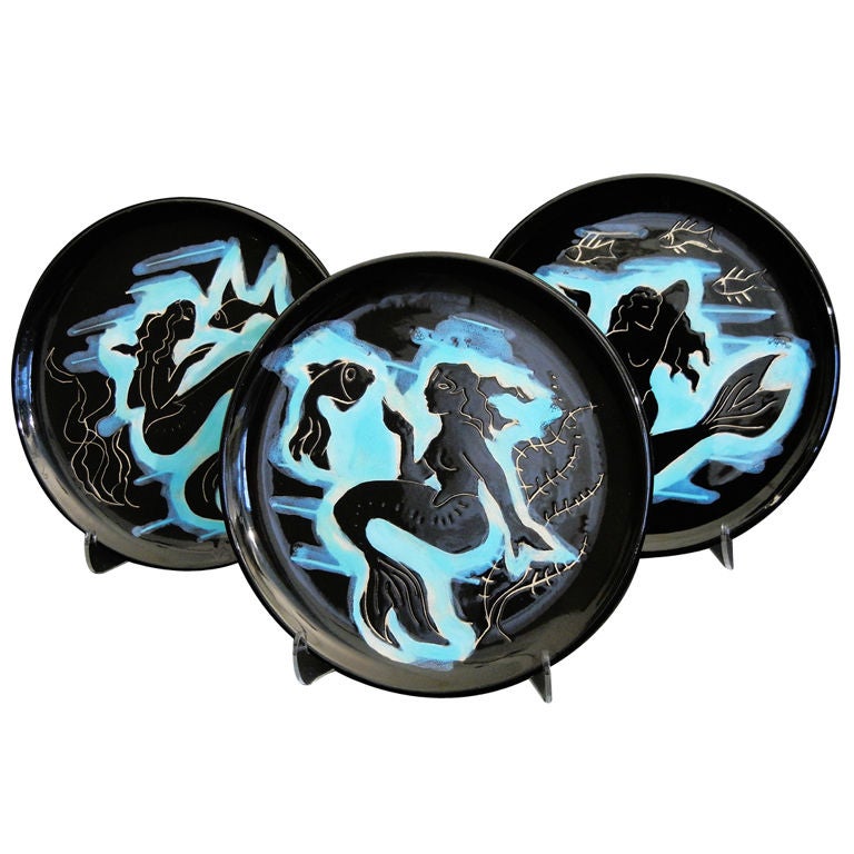 Rare Complete Set of "Mermaid" Dishes from Vallauris, 1940s