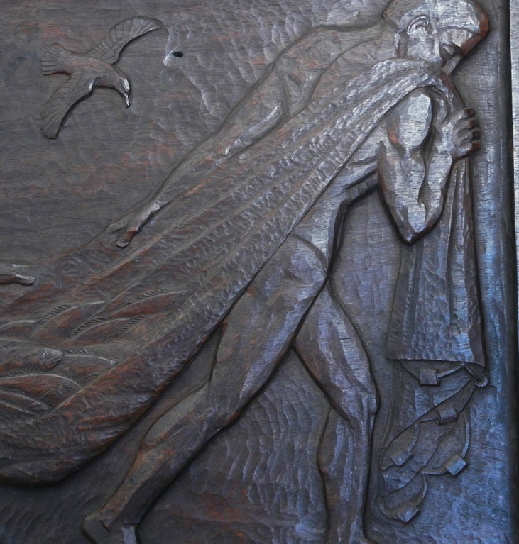 This very fine sculptural relief panel was carved in mahogany by William Bahnmuller, a WPA sculptor who is best known for a series of sculptural panels depicting 