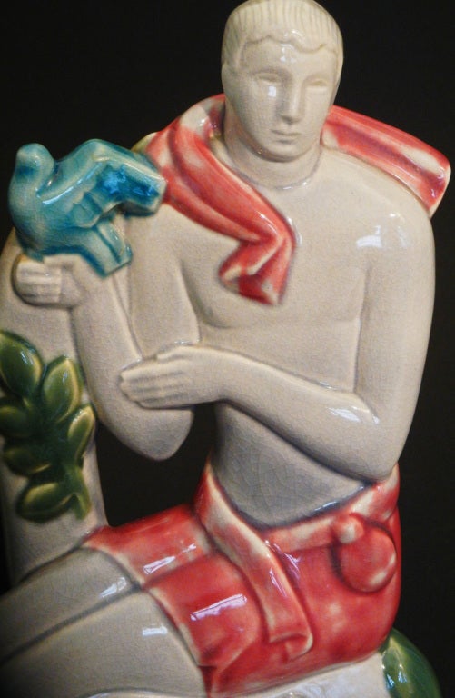 Glazed Figures with Doves, Rare Art Deco Sculptures by de Vegh, Gray, Red and Blue For Sale