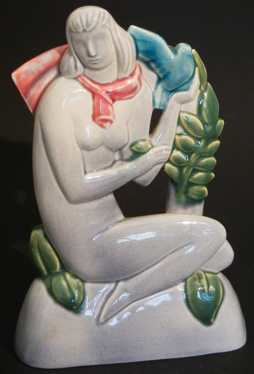 Ceramic Male and Female Figures with Doves, Rare Art Deco Sculptures For Sale