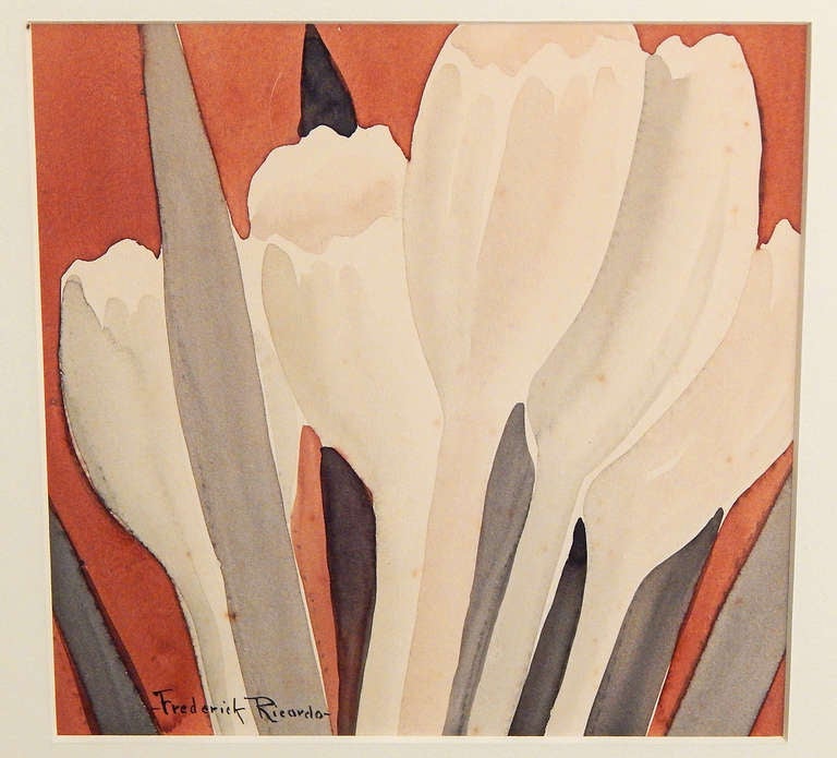 Highly stylized and beautifully painted in tones of charcoal, burnt sienna and ivory, this pair of Art Deco watercolors depict clusters of crocuses in high close-up mode, captured in a way that would have been familiar to the great photographers of