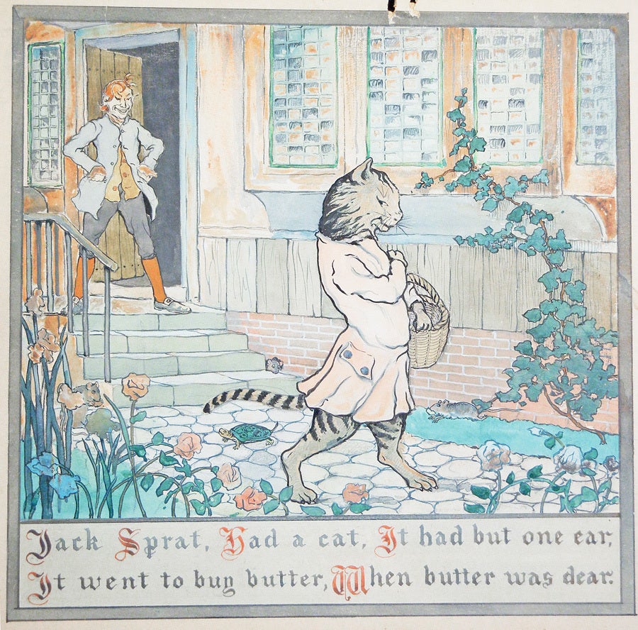 Painted with high good humor and a measure of slyness, this famed illustration of Jack Sprat and his cat with basket in hand, was painted in watercolor and gouache by Swedish-American artist Carle Michel Boog.  The image of the cat on his hind legs