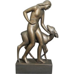 Unique "Nude with Deer, " Fine Art Deco Sculpture, Huggler-Wyss