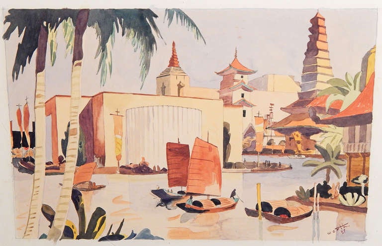 Beautifully painted in tones of burnt sienna, cream and watery blue, this rare and early view of the Golden Gate Exposition was painted in 1937, just as Treasure Island was being created for the 1939-40 world's fair.  Signed 