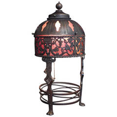 Rare Bronze and Mica Lamp by Oscar Bach, with Grape and Mask Motif