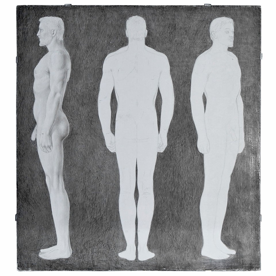 "Male Nude, Three Views, " Important Drawing by Jared French