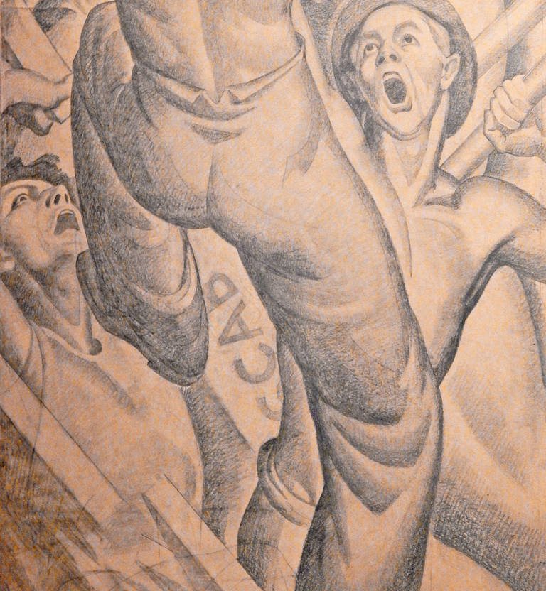 Drawn by Dunbar Beck, one of America's finest muralists in the 1930s and 40s, this classic example of Art Deco stylized figural drawing served as a study for a triptych mural that Beck painted in the 1930s, now lost. Clearly celebrating the worker