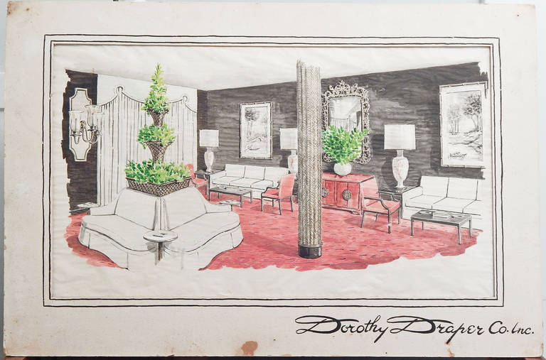 An extraordinary find, this original watercolor and gouache rendering of a hotel or apartment building lounge by Dorothy Draper captures all the hallmark features that she is famous for: an eclectic mix of styles, including late Art Deco, Baroque