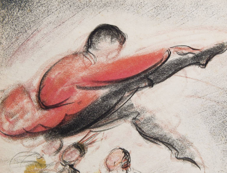 Diese Zeichnung von Jean Target ist voller lebendiger Bewegung und Farben und fängt die hohe Energie dreier ukrainischer Tänzerinnen in einer Zeit ein, in der der Volkstanz in den modernen Tanz und das Ballett integriert wurde. Target, ein junger