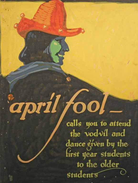 Rich with color and a Maxfield Parrish-like wry humor, this original gouache painting was executed by a student with the initials JK for an annual vaudeville and dance event put on for the older students of the Pennsylvania Academy of the Fine Arts