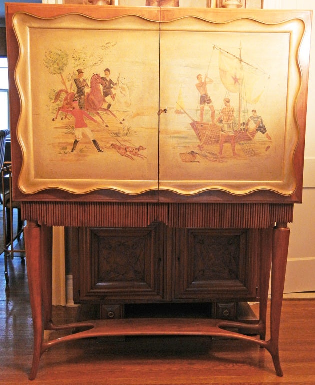 Painted Bar Cabinet w/ Hunting and Fishing Scenes, attr. Borsani