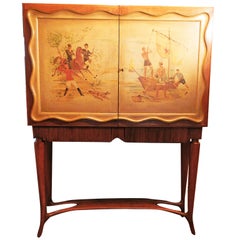 Vintage Painted Bar Cabinet w/ Hunting and Fishing Scenes, attr. Borsani