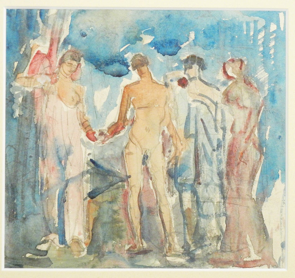 Riche en couleurs et évocatrice d'un décor boisé avec des personnages classiques nus, cette belle aquarelle a été réalisée par Boris Solotareff en 1928, à Paris.  L'artiste est né en Roumanie, a été formé en Ukraine, puis a peint en Allemagne et en