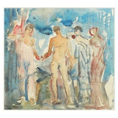 "Nudes in Landscape, " Watercolor Painting by Solotareff