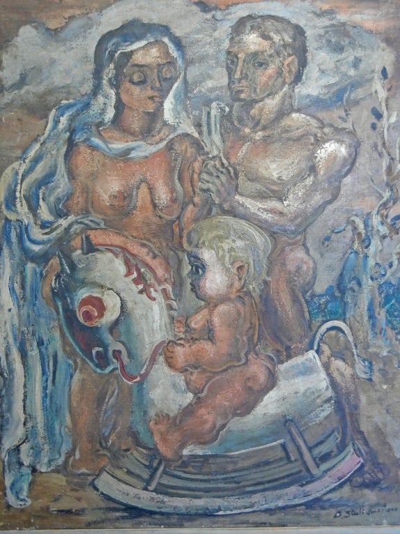 Daté de 1945, juste avant la fin de la Seconde Guerre mondiale, ce tableau important et puissant de John De Forest Stull montre une mère et un père enlacés, debout derrière leur enfant joufflu sur un cheval à bascule. Musclés et escarpés, les