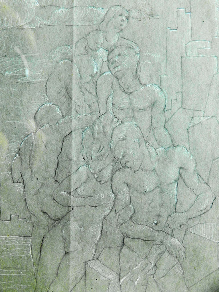 Questo disegno a matita di Anne Neumark, datato 1930, mostra una piramide di figure maschili e femminili nude che si arrampicano su un affioramento roccioso ai margini di una città Art Déco con molteplici grattacieli a gradoni.  Neumark era un