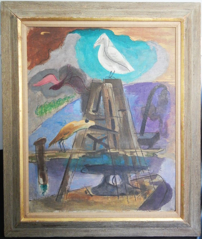 Brilliantly painted in rich hues of cerulean, purple, deep pink and burnt siena, this abstracted view of a dockside scene was painted by John De Forest Stull.  The artist shows many iconic symbols of the fishing dock, including half-submerged posts,