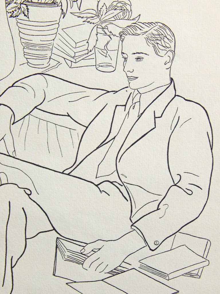 "Two Gentlemen with Books, " Rare and Fine Drawing by Prieto