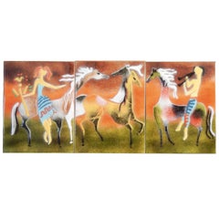 "Arcadia, " Rare Enamel Panel with Pan and Nymph