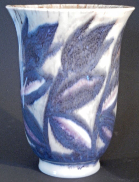 One of the finest, high-style Art Deco vases ever produced by the famed Kenton Hills pottery in the late 1930s and early 1940s, this piece is marked and signed by William Hentschel.  After becoming one of Rookwood Pottery's most famed artists in the