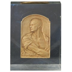 Vintage "Courage, " Paperweight w/ Bronze Plaque Set in Lucite, 1933