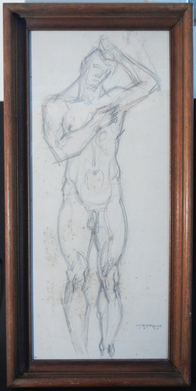 Powerfully expressed, with the angular stylization characteristic of Art Deco decorative art, this pencil drawing was executed in 1937 by William Littlefield.  The artist was fascinated by the male figure and produced scenes of boxers and