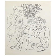 "Two Gentlemen with Books, " Rare and Fine Drawing by Prieto
