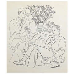 "Two Gentlemen with Books, " Rare and Fine Drawing by Prieto