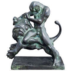 "Wrestling the Lion, " Rare Nude Male Sculpture by Fritz Behn