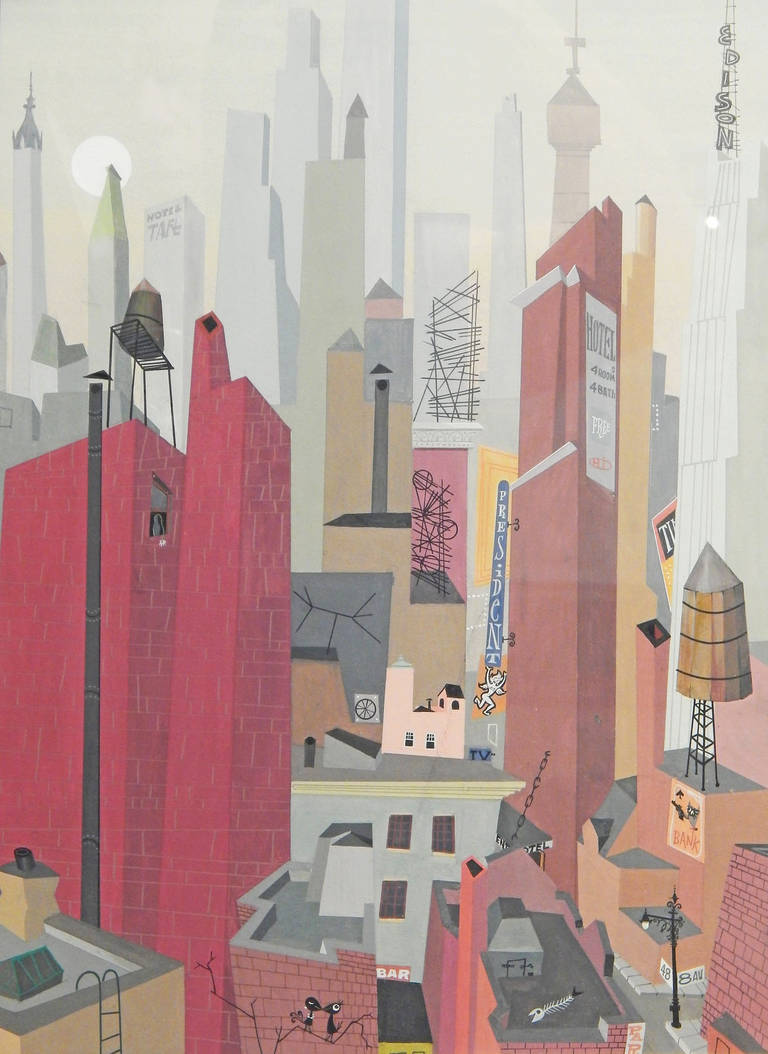 This remarkable, highly detailed and high-energy view of Midtown New York -- filled with a tangle of hotels, rooftop watertanks, neon signs and the general jumble of Mid Century New York -- is a masterpiece.  Painted by Litvak in a style that is