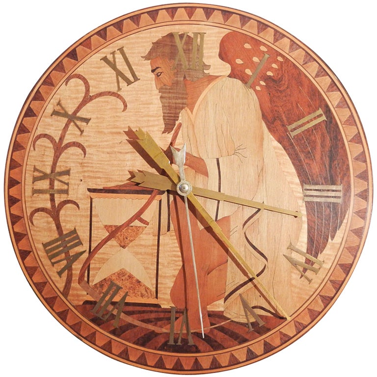 Superbe horloge Art Déco "Father Time" unique, incrustée en bois en vente