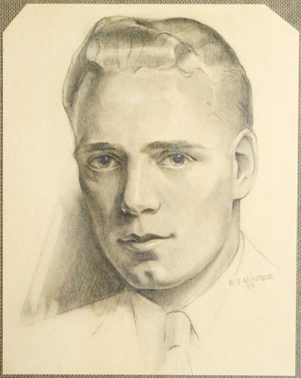 Finely done by E. B. Minter in 1933, this portrait depicts a handsome young man with the glossy hair of a movie star.  It was executed in pencil on paper.
