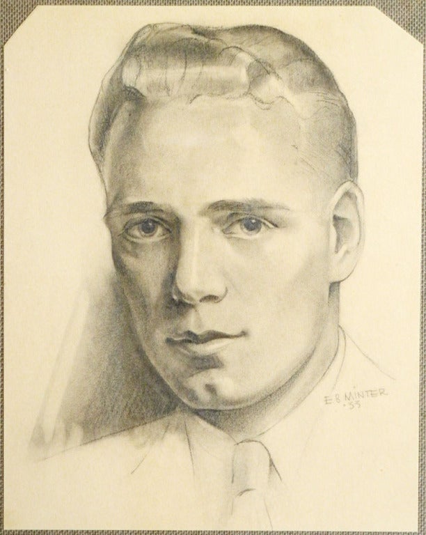 Finamente realizado por E. B. Minter en 1933, este retrato representa a un apuesto joven con el pelo brillante de una estrella de cine.  Fue ejecutado a lápiz sobre papel.