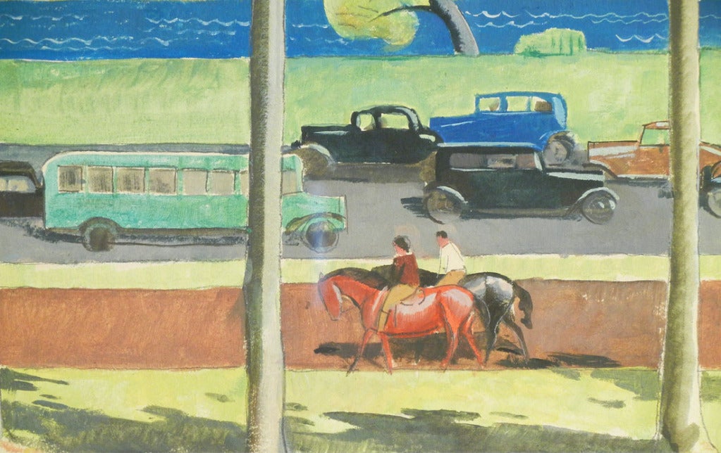 Brillamment stylisée, rappelant le travail de George Bellows et d'autres maîtres des années 1920 et 1930, cette aquarelle présente une vue placide d'un parc en bordure de rivière dans des bleus, verts et sienas brûlés.  Les chemins et les rues