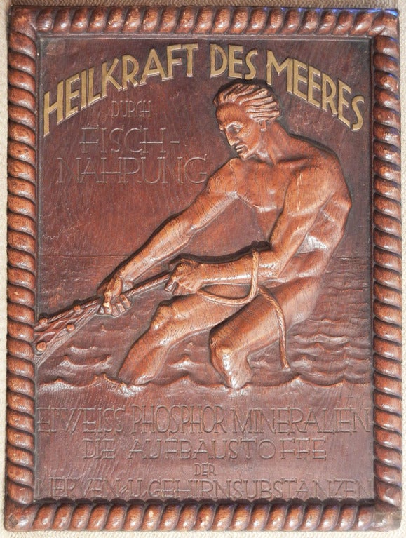 This striking depiction of a nude fisherman at work served to promote the consumption of seafood. The German text can be translated as “Healing power from the sea through seafood. Albumen, phosphorous, minerals for the nourishment of mind and body.”