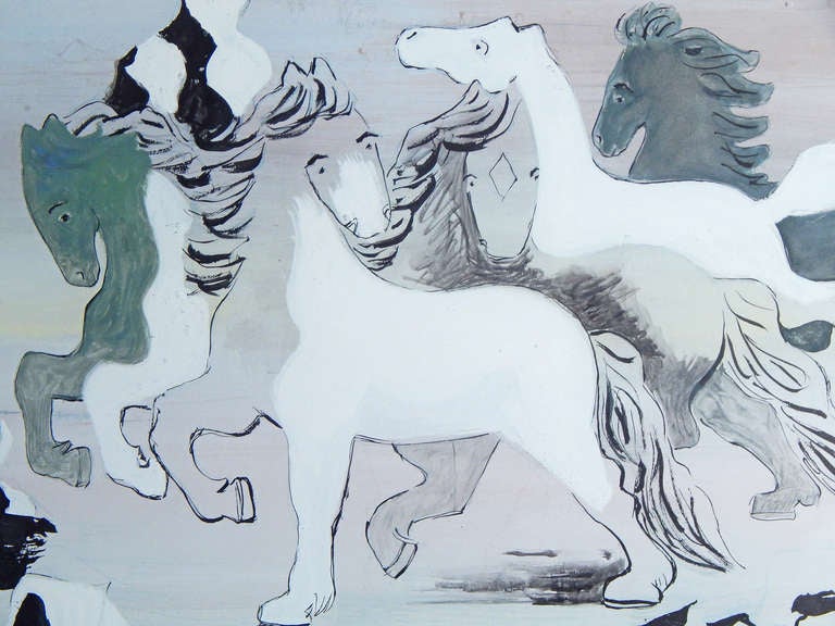 Sophistiquée et ludique à la fois, cette importante peinture d'Eduard Buk Ulreich revient à l'un de ses thèmes favoris :  un groupe de chevaux gambadant dans le paysage, débordant de bonne humeur.  Ulreich est devenu célèbre en tant que l'un des