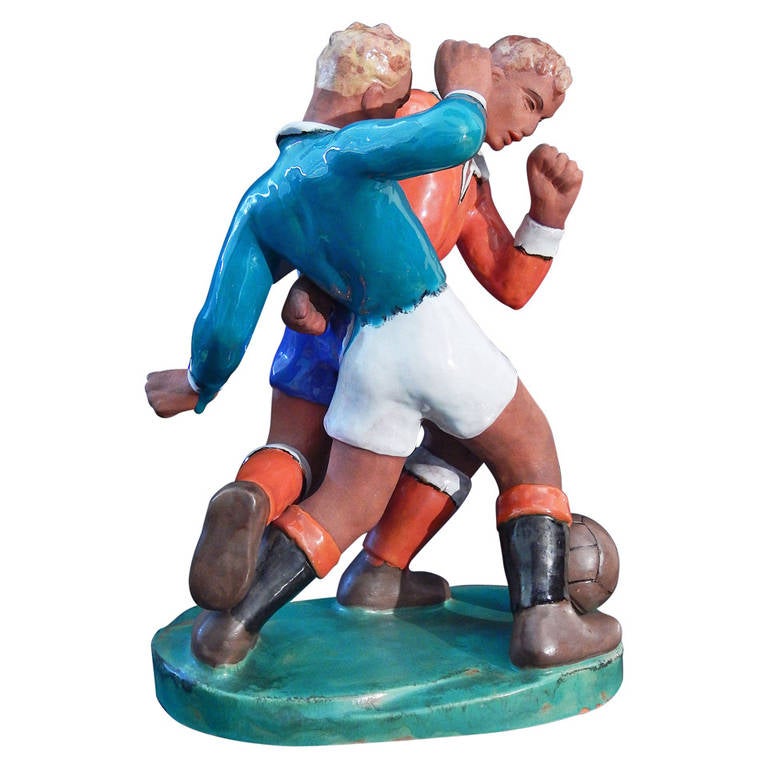"Fighting for the Ball," Large Art Deco Soccer or Football Sculpture