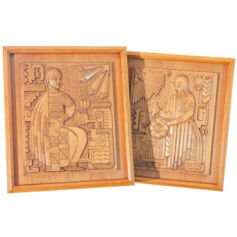 Rare Pair of Carved Aztec Art Deco Panels, Golden Mahogany For Sale