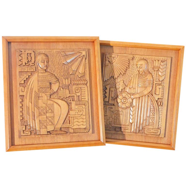 Rare Pair of Carved Aztec Art Deco Panels, Golden Mahogany For Sale at ...