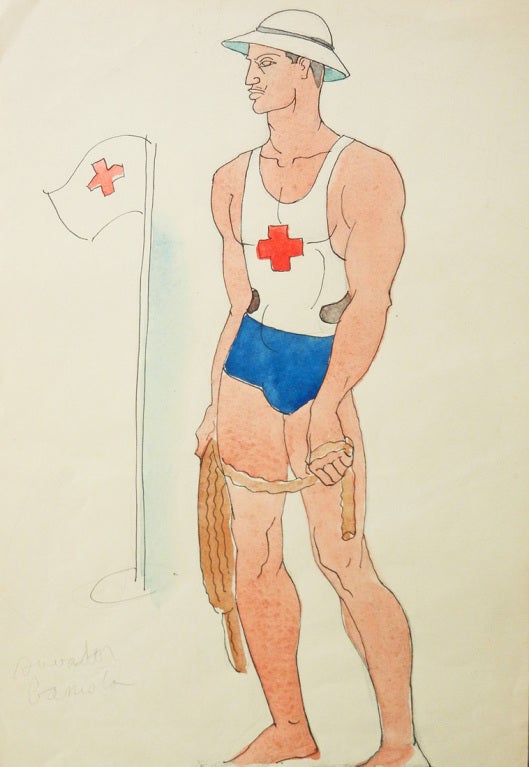 "Lifeguard, Copacabana, " 1942 Watercolor Painting by Eskridge