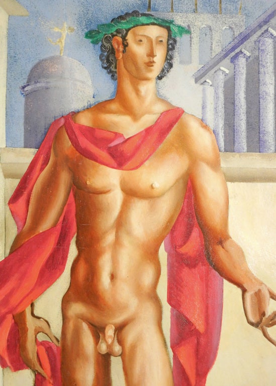 Brilliantly painted with a bold palette and modern Mannerist sensibility, this depiction of a stylized, Art Deco-influenced, nude Renaissance man was painted by Raoul Pene du Bois, one of the great figures of America's theatre world in its golden