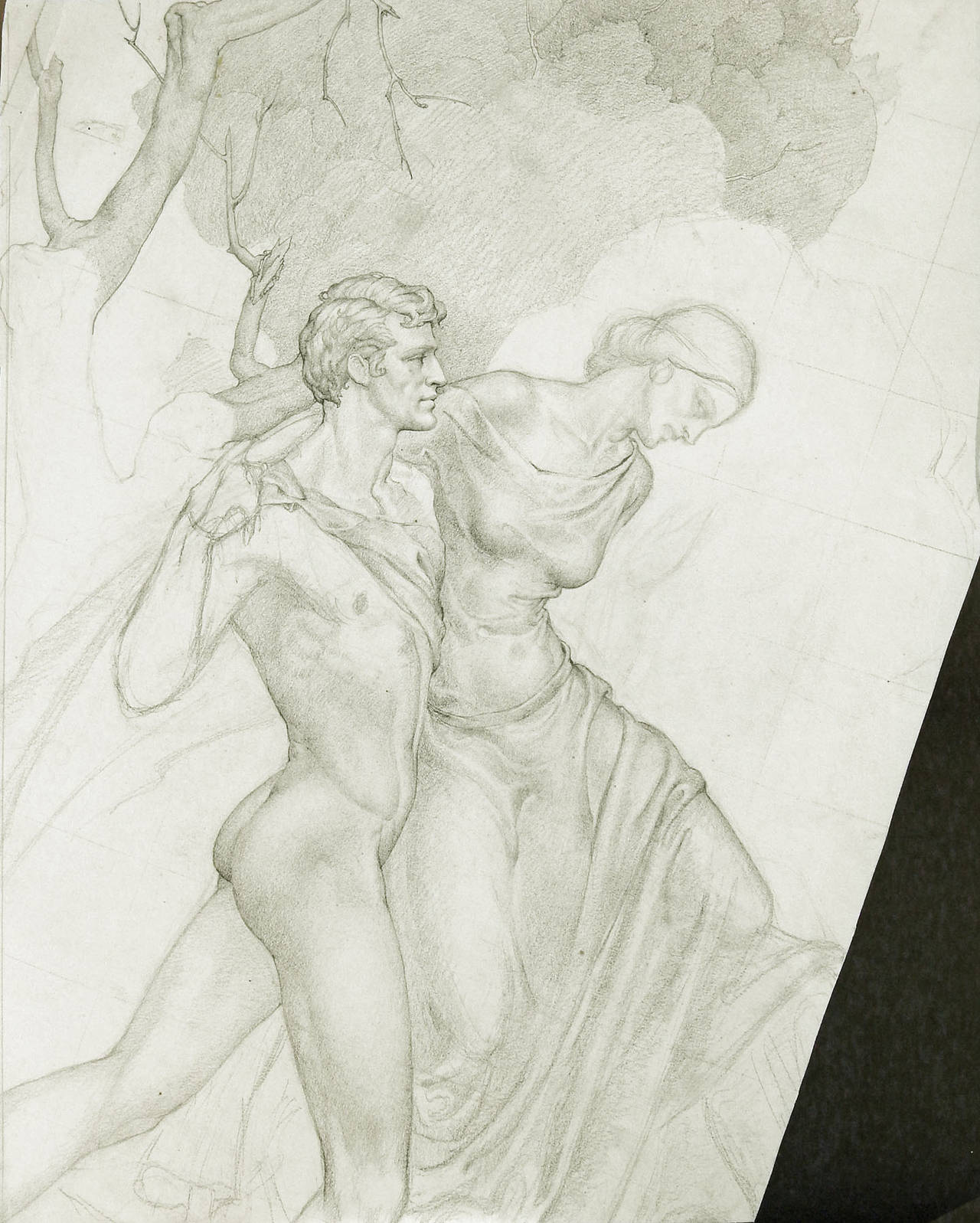 Always a master draftsman, this lovely drawing by Dunbar Beck demonstrates his mastery of the human figure, with antecedents in Renaissance and Pre-Raphaelite paintings. The drapery of the female figure, in particular, is strongly reminiscent of