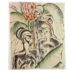 "Africans with Banana Tree, " Superb Art Deco Painting on Linen