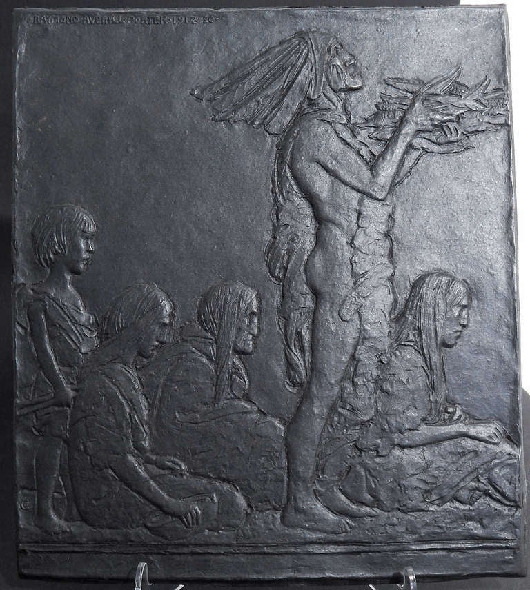 Sculpted with sensitivity and dignity, this scene of a nude Indian chief offering ears of corn to the great spirit, surrounded by squaws and a young Indian boy, is a very fine example of America's fascination with Native American life in the 19th