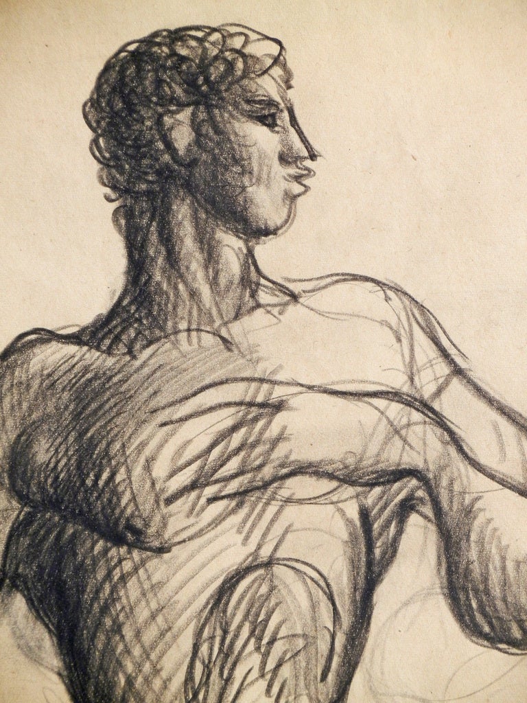 Diese kraftvolle und wortgewaltige Zeichnung von Raoul Pene du Bois zeigt seine Beherrschung der menschlichen Figur, die er mit seiner üblichen manieristischen Herangehensweise ausdrückt - mit verlängerten Gliedmaßen und stilisierten Posen, die von