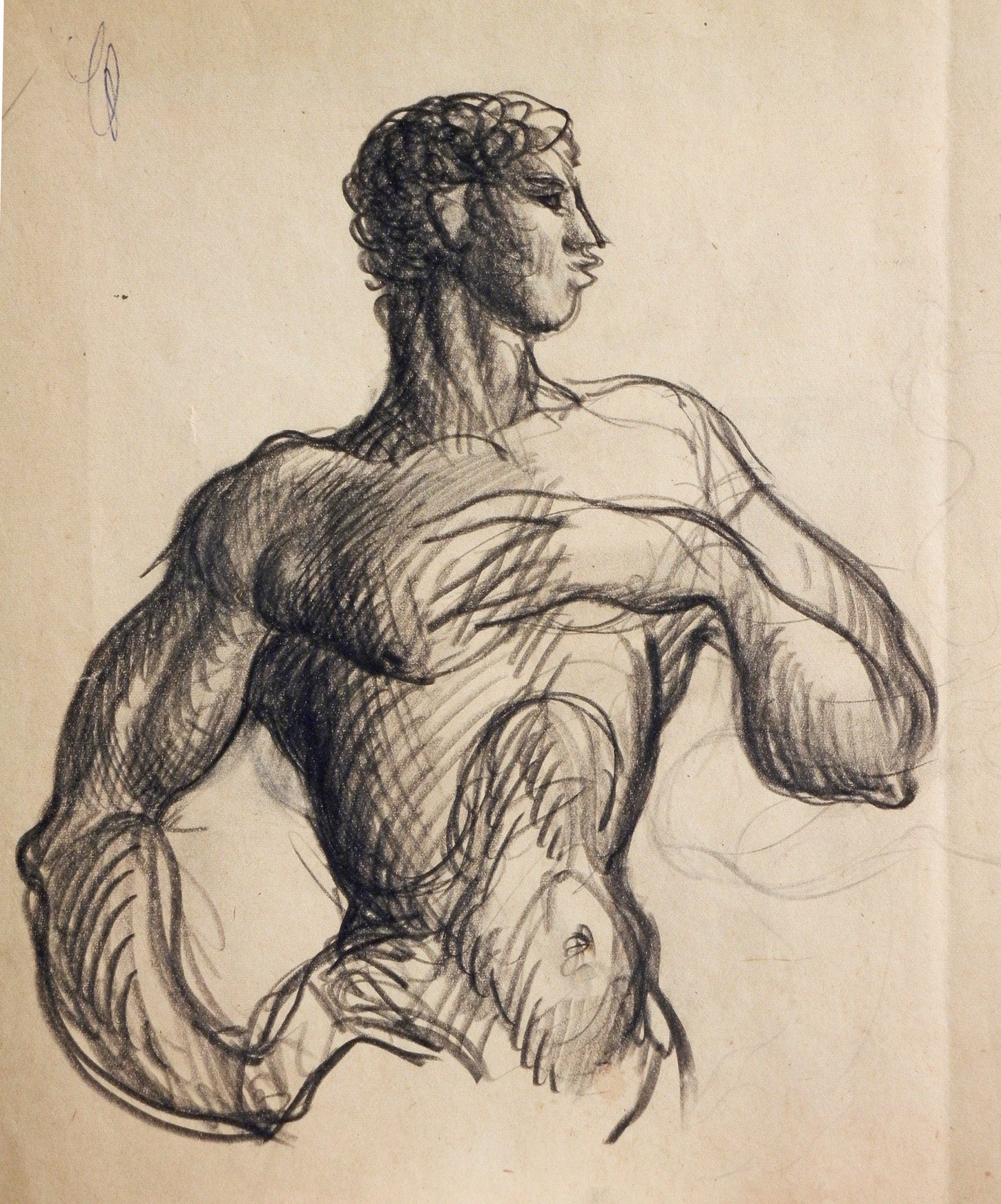 "Nude Male with Hand to Chest, " Drawing by Raoul du Bois For Sale