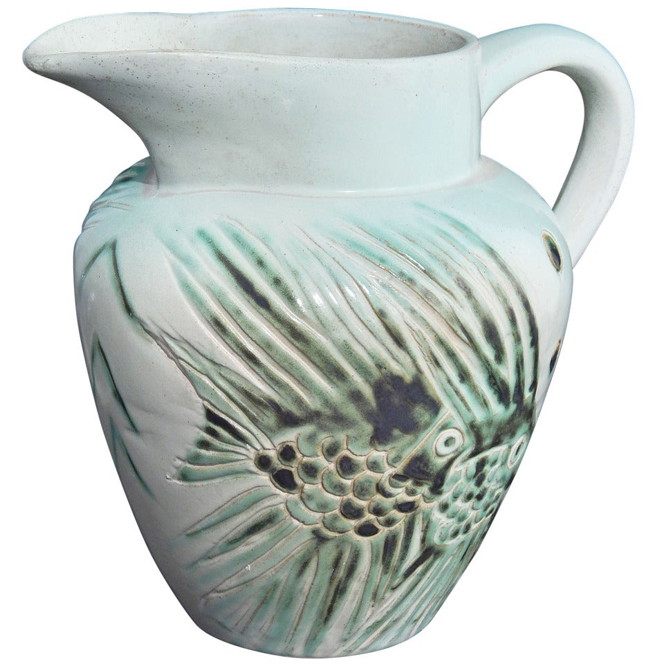 Rare Art Deco Pitcher with Fish Motif by North Dakota School of Mines For Sale