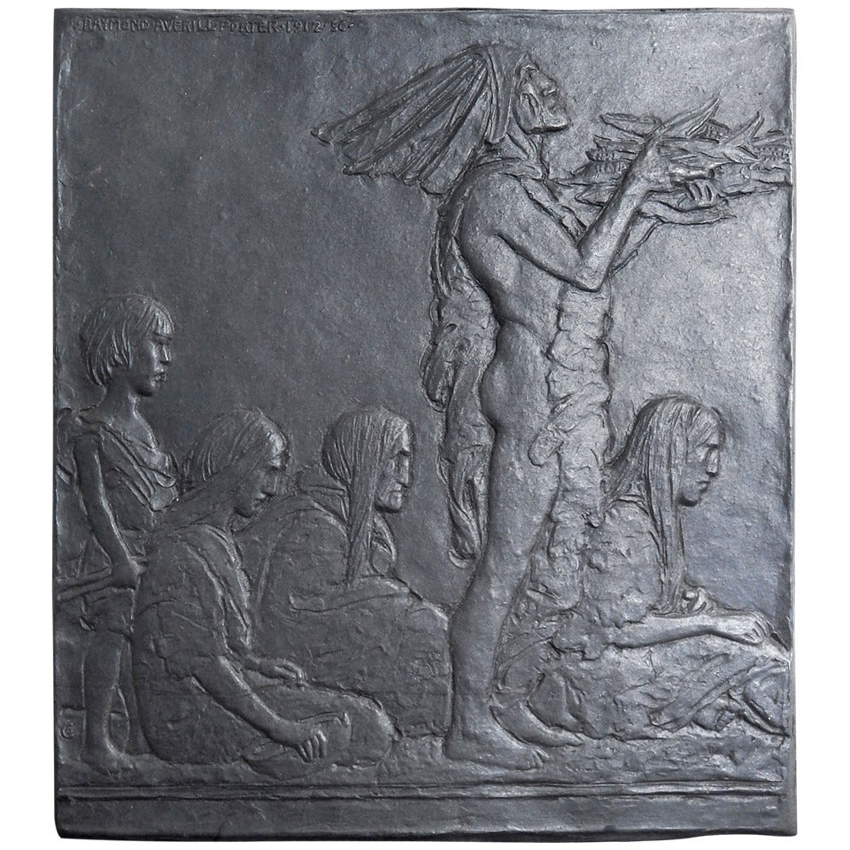 "Harvest Offering, " Rare Sculpted Panel of American Indians by Porter