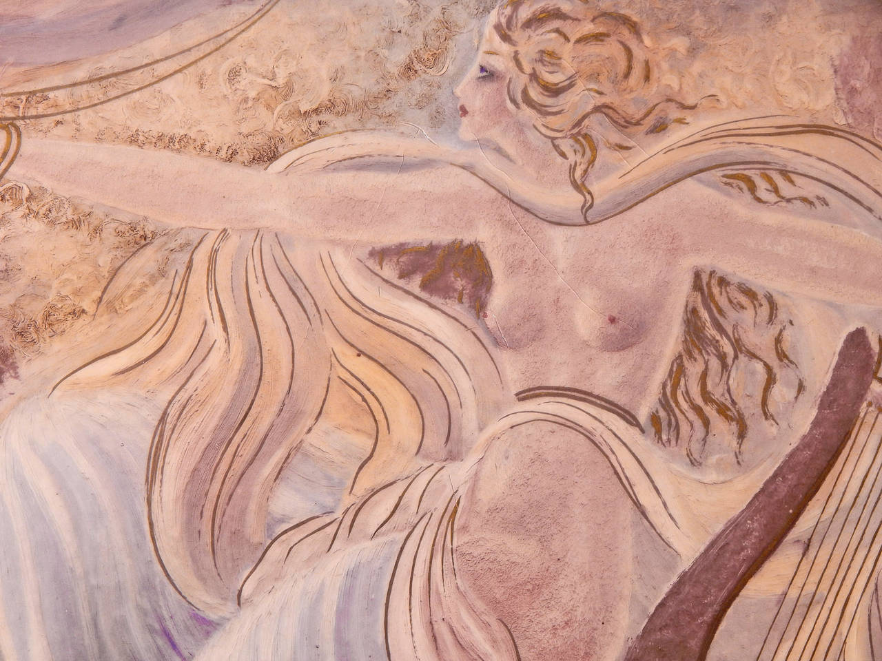 Dominated by an elegant female nude embracing a Greek lyre, this Art Deco glazed panel shows the period's fascination with Classical imagery interpreted in a modern way.  Awash in tones of rose, gold and blue, both the nude's hair and robes are